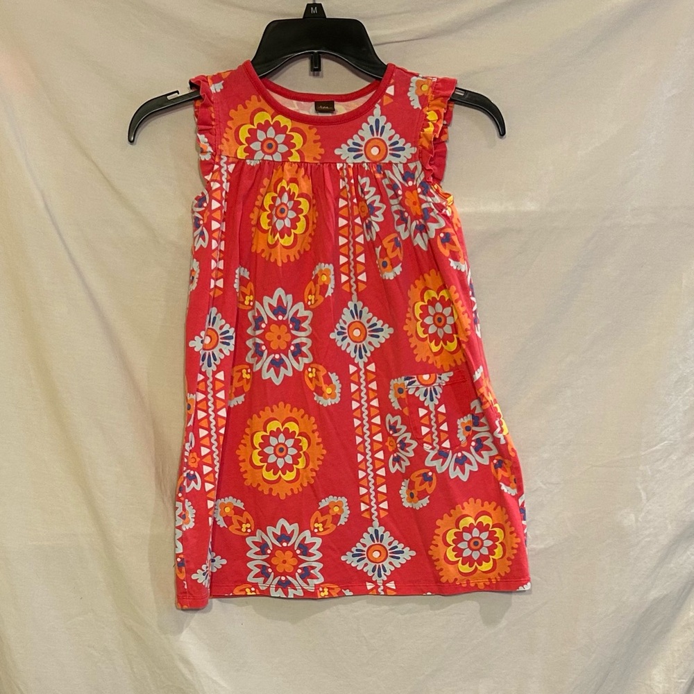 Tea Collection Girls 7 Pink Lotus Flower Geometric Pocket Short Sleeve Dress